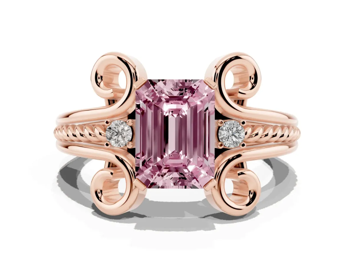 Fancy Pink Emerald Cut Solitaire Twisted Band Scroll Prong Ring Rose gold