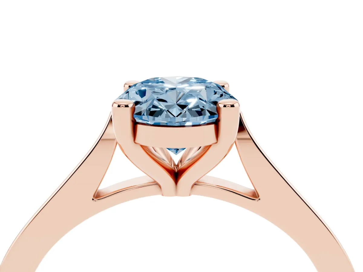 Fancy Blue Oval Cut Solitaire Diamond Ring with Four-Prong Setting and Tapered Band Rose gold