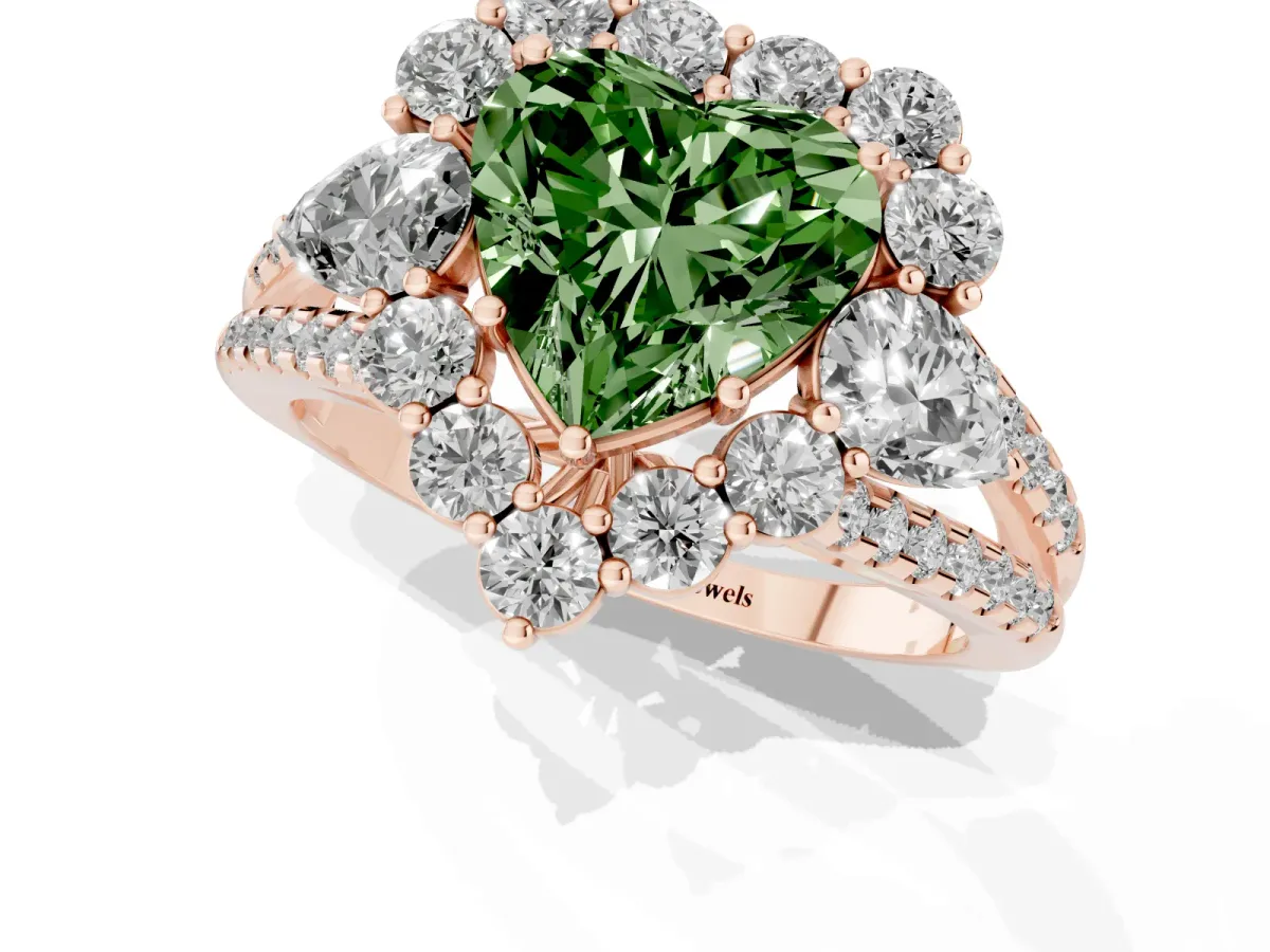 Fancy Green Heart Cut Halo Split Shank Diamond Engagement Ring with Prong Setting Rose gold