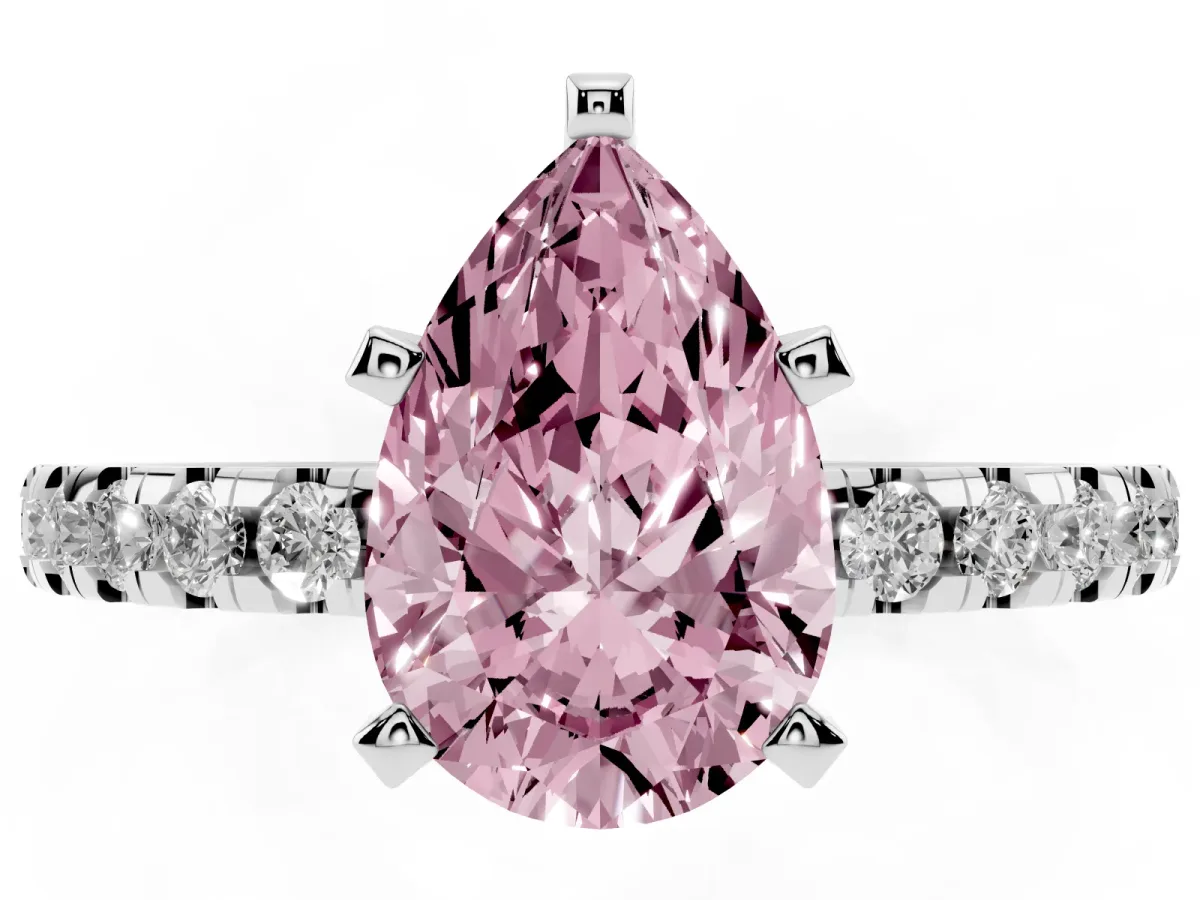 Fancy Pink Pear Cut Diamond Solitaire Ring with Round Pavé Band and Four-Prong Setting Silver