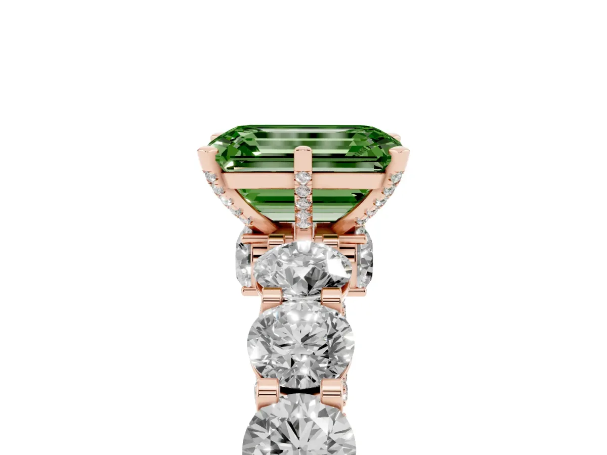 Fancy Green Emerald Cut Diamond Side Stone Engagement Ring with Four-Prong Setting Rose gold