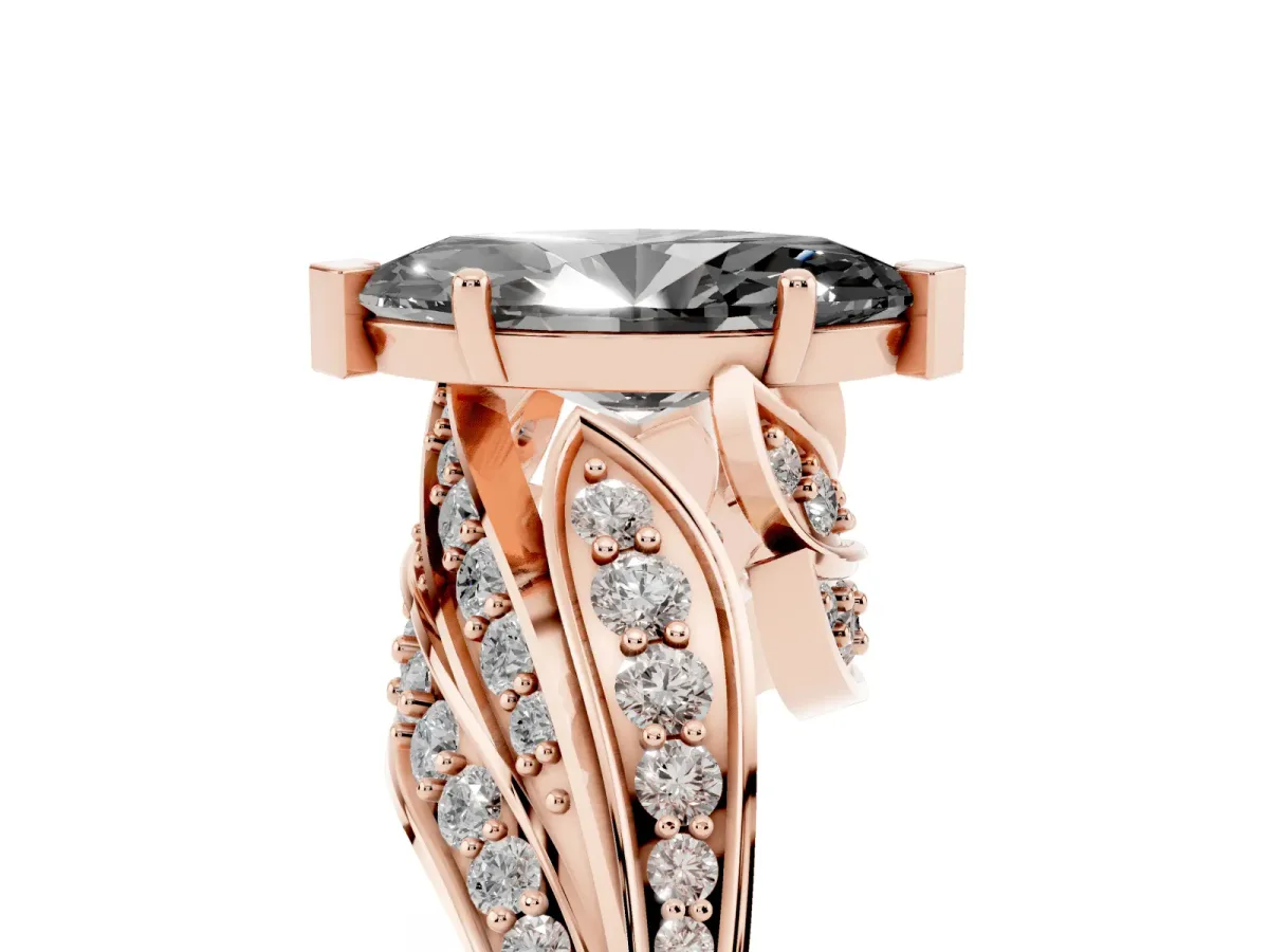 Fancy Black Marquise Cut Diamond Solitaire Ring with Prong Setting and Twisted Pavé Band Rose gold