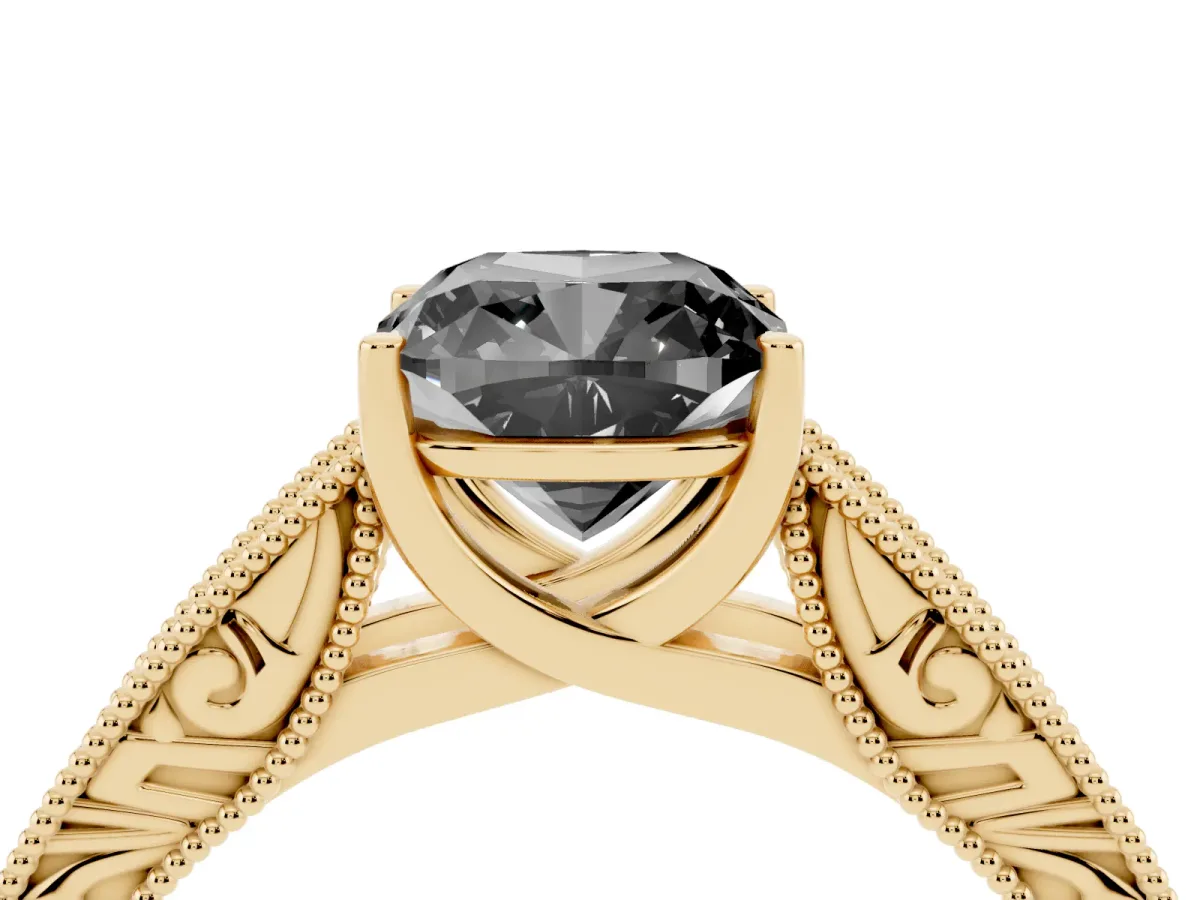 Fancy Black Cushion Cut Diamond Solitaire Ring with Engraved Band and Four-Prong Setting Yellow gold