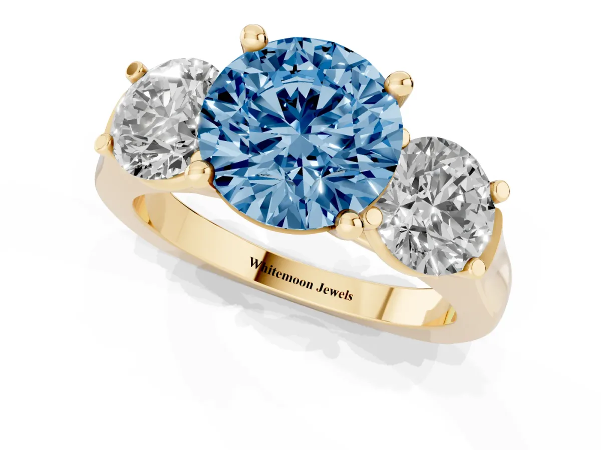 Fancy Blue Three-Stone Round Cut Brilliant Diamond Trellis Ring with Comfort Fit Band Yellow gold