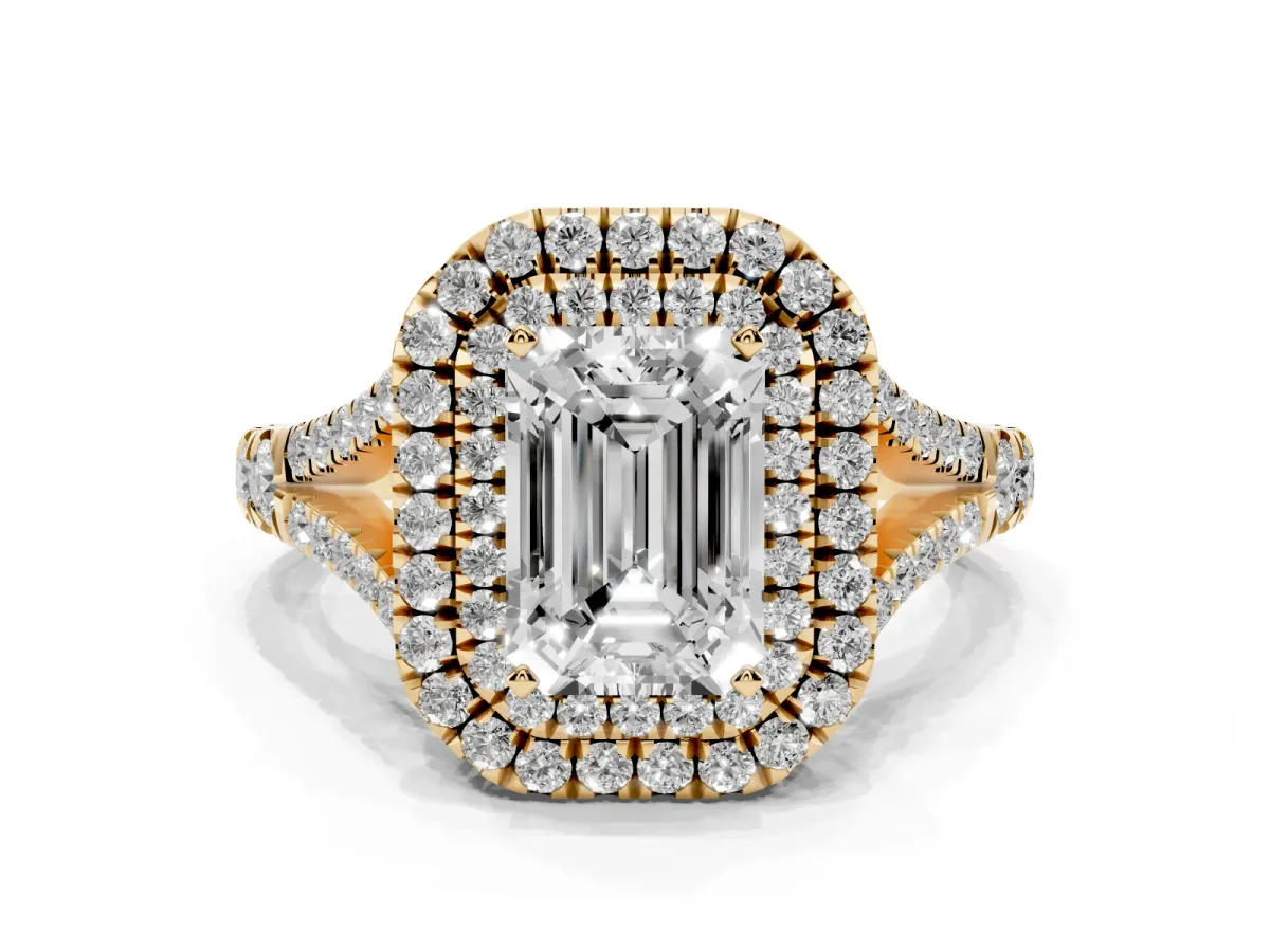 Emerald Cut Diamond Pavé Split Shank Double Halo Engagement Ring Yellow gold