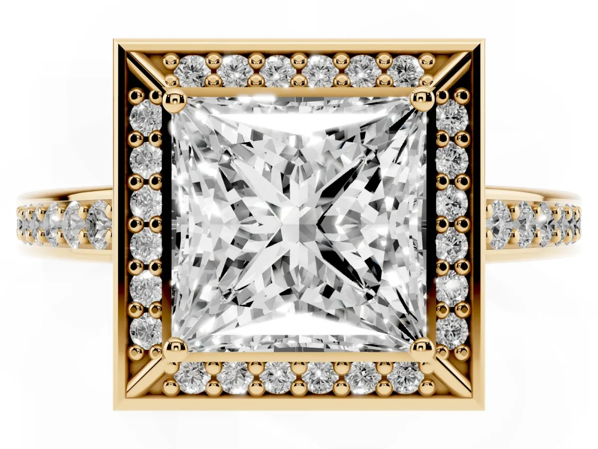 Princess Cut Cut Halo Pave Split Shank Prong Setting Ring Yellow gold