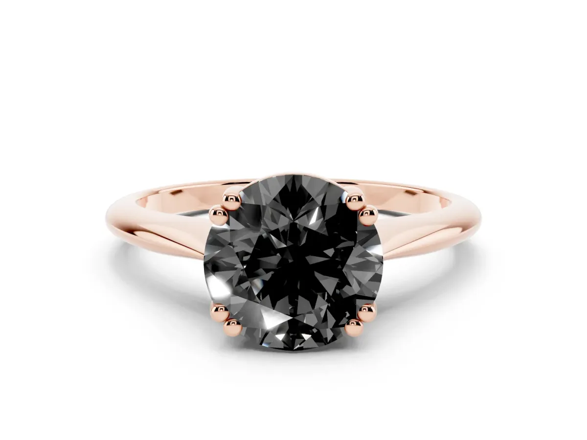 Fancy Black Round Cut Solitaire Diamond Ring with Six-Prong Setting and Classic Band Rose gold