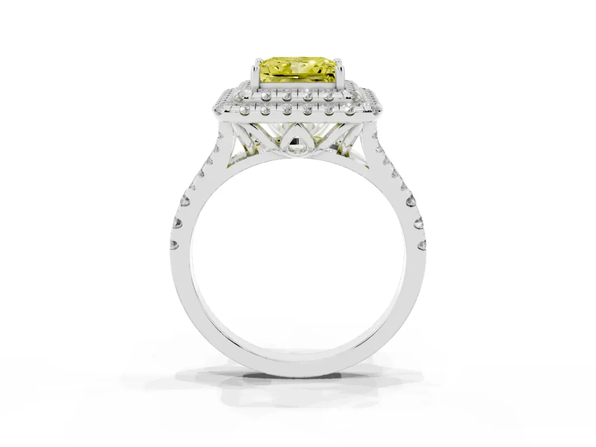 Fancy Yellow Double Halo Princess Cut Diamond Pavé Split Shank Ring with Prong Setting Silver