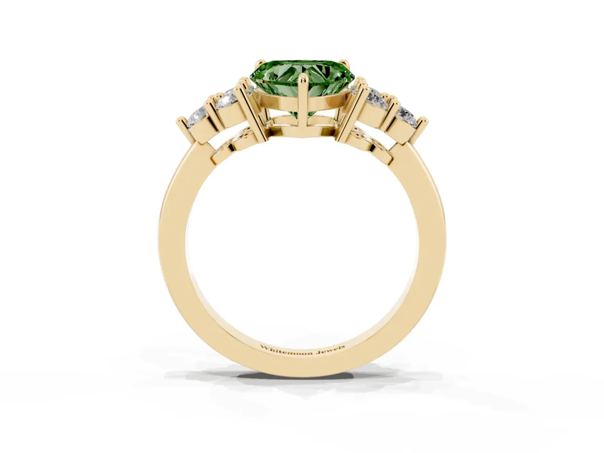 Fancy Green Heart Cut Brilliant Diamond Cluster Accent Solitaire Ring with Prong Setting Yellow gold