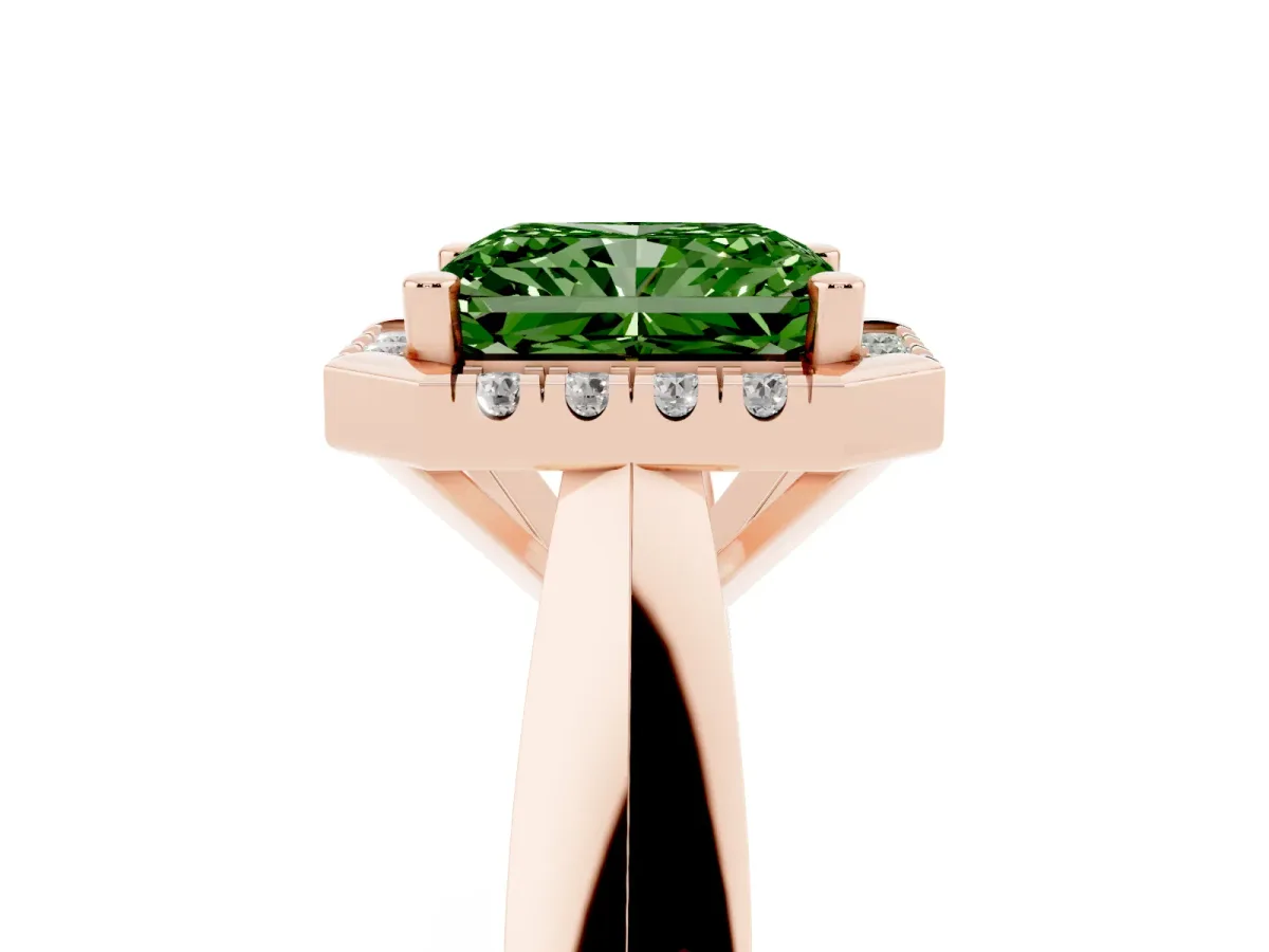 Fancy Green Radiant Cut Cut Halo Solitaire Engagement Ring with Square Band and Four-Prong Setting Rose gold