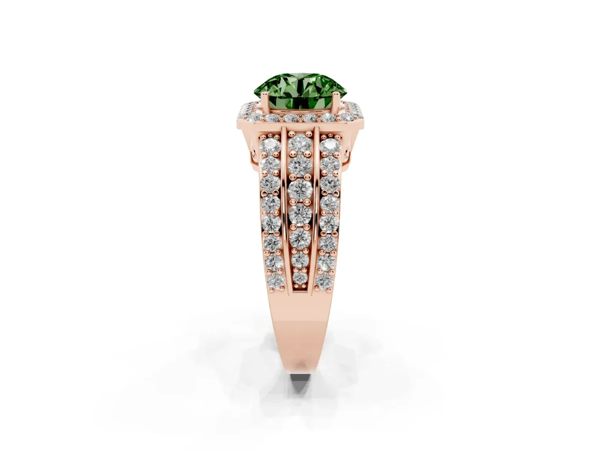Fancy Green Round Cut Halo Diamond Ring with Round Split Shank and Prong Setting Rose gold