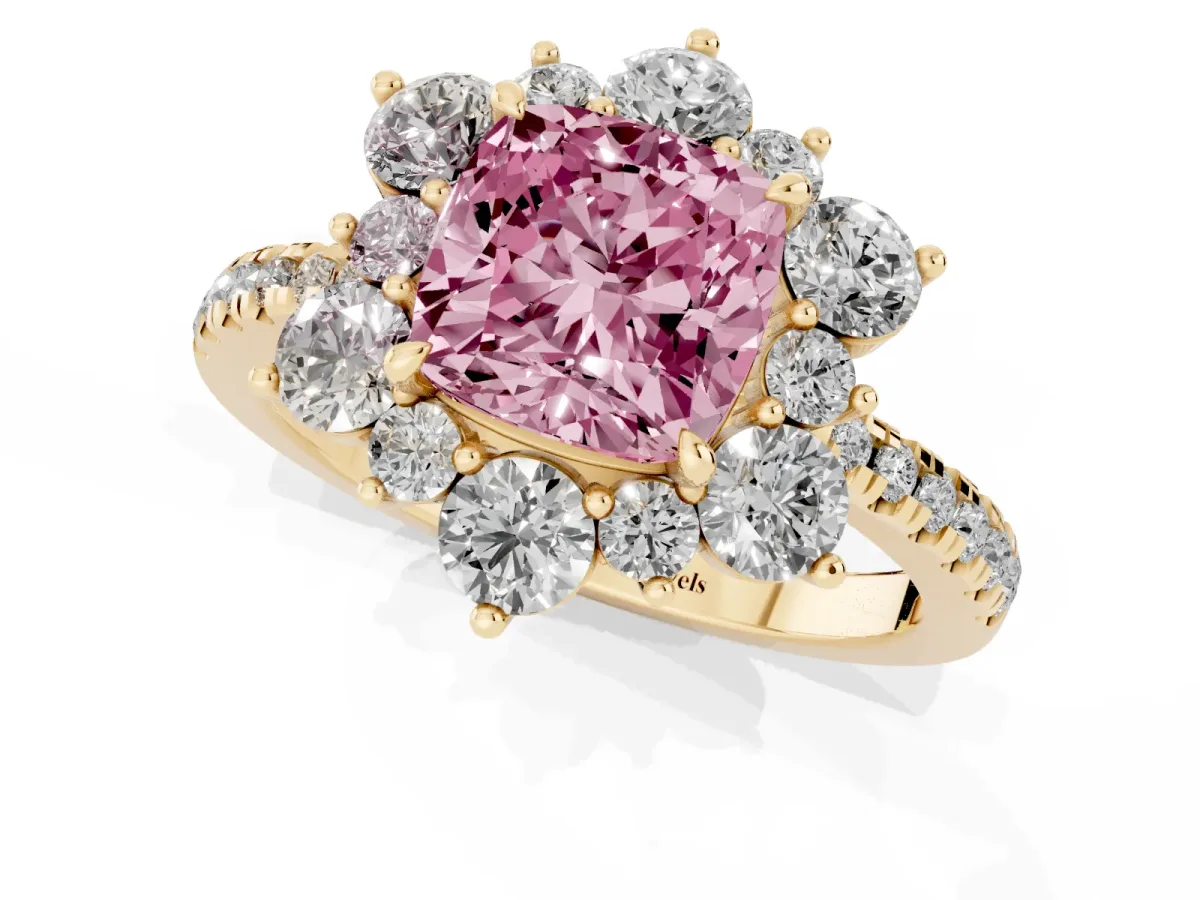 Fancy Pink Cushion Cut Diamond Floral Halo Ring with Round Pavé Band and Prong Setting Yellow gold