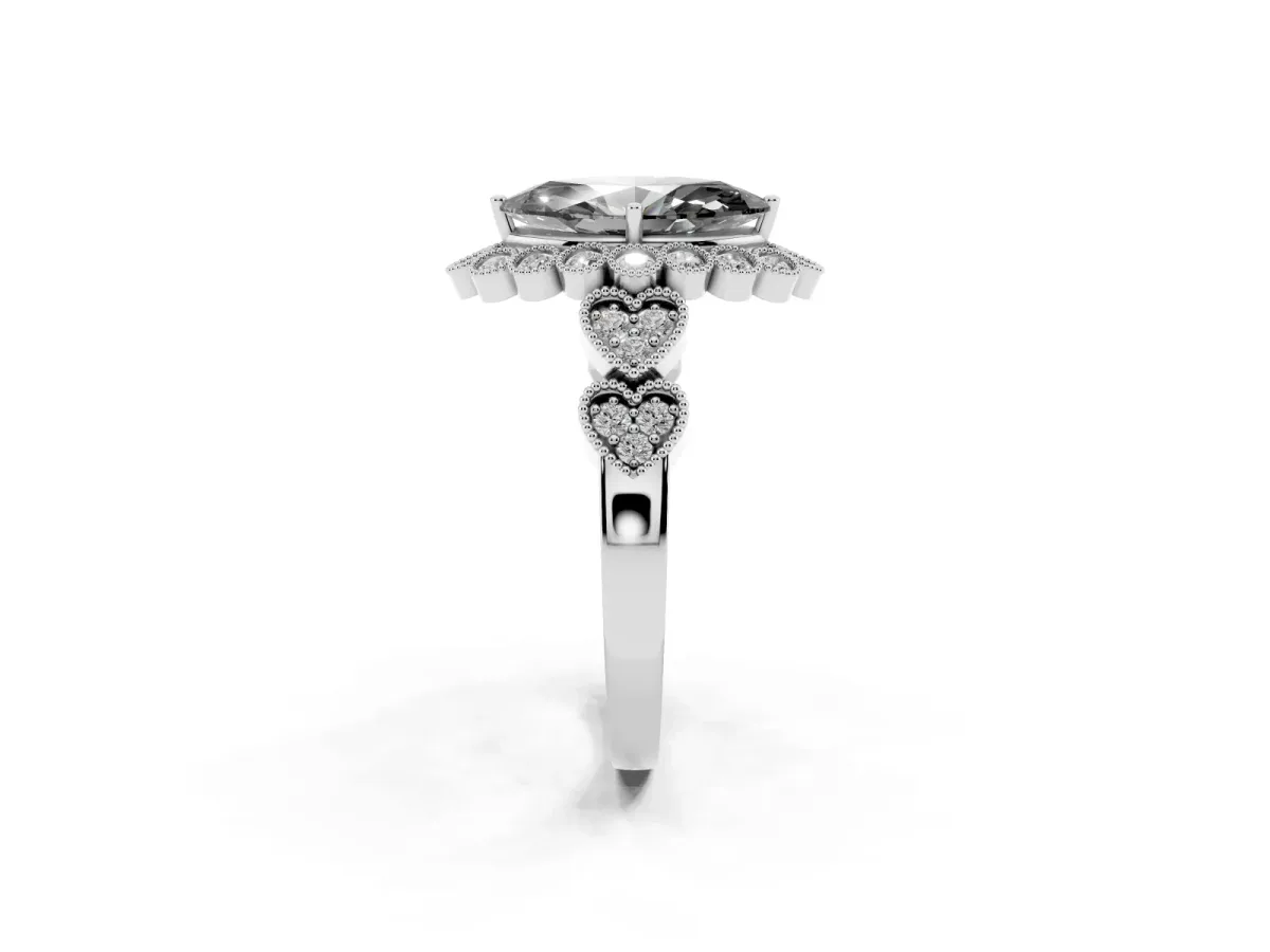 Fancy Black Marquise Cut Brilliant Milgrain Pave Heart Band Solitaire Ring Platinum