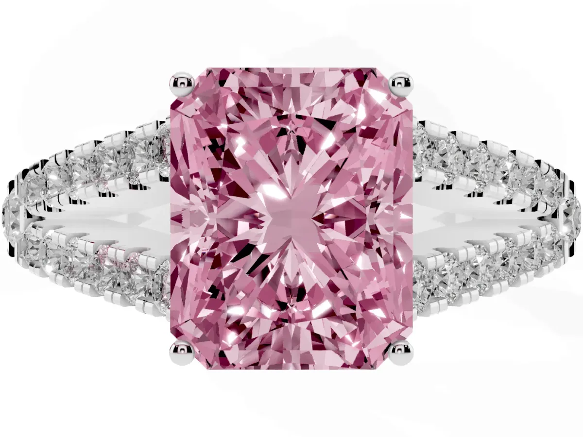 Fancy Pink Radiant Cut Diamond Split Shank Engagement Ring with Round Pavé and Prong Setting Silver