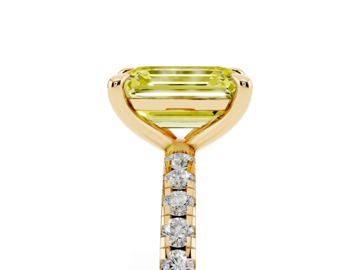 Fancy Yellow Emerald Cut Diamond Brilliant Solitaire Ring with Pavé Band and Four-Prong Setting Yellow gold