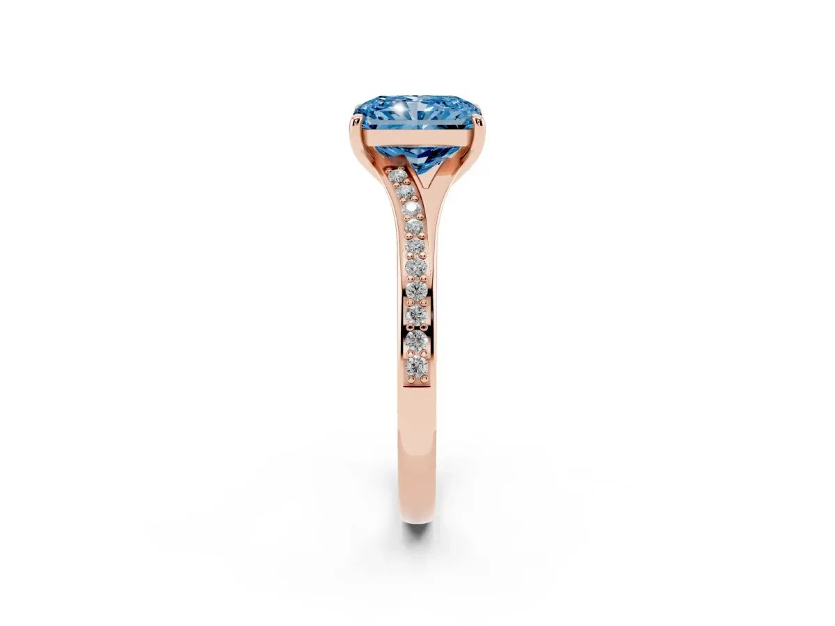 Fancy Blue Radiant Cut Diamond Solitaire Ring with Pavé Band and Prong Setting Rose gold