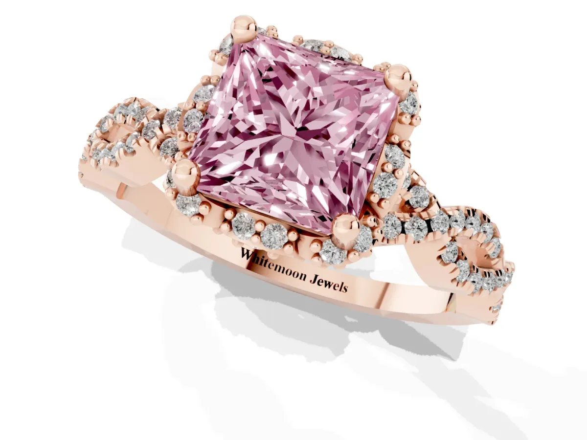 Fancy Pink Princess Cut Halo Twist Band Solitaire Ring with Six-Prong Setting Rose gold