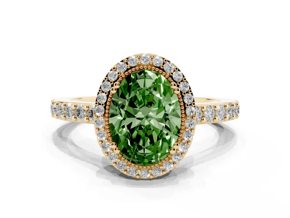 Fancy Green Oval Cut Cut Diamond Halo Engagement Ring with Milgrain Detail and Pavé Band Yellow gold
