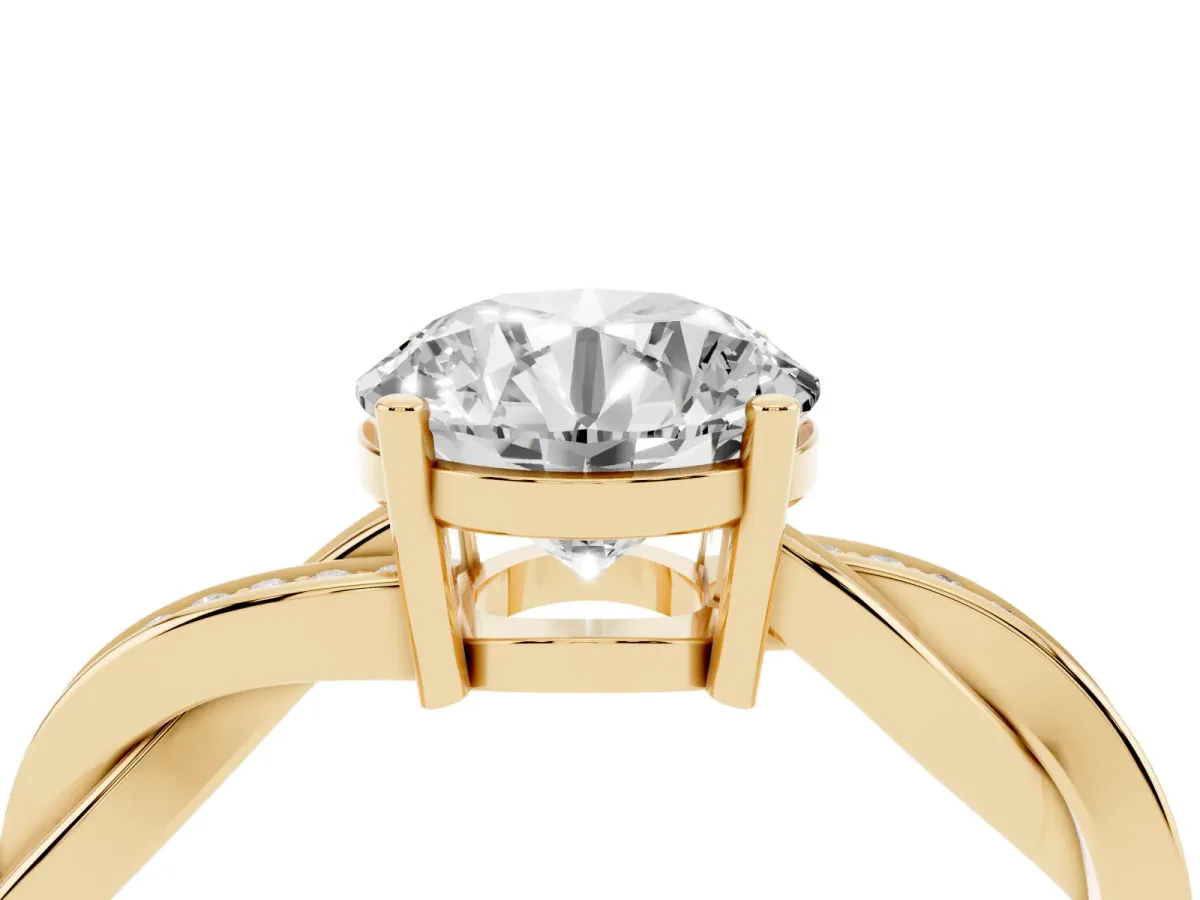 Round Cut Solitaire Twisted Pave Diamond Ring with Four-Prong Setting Yellow gold