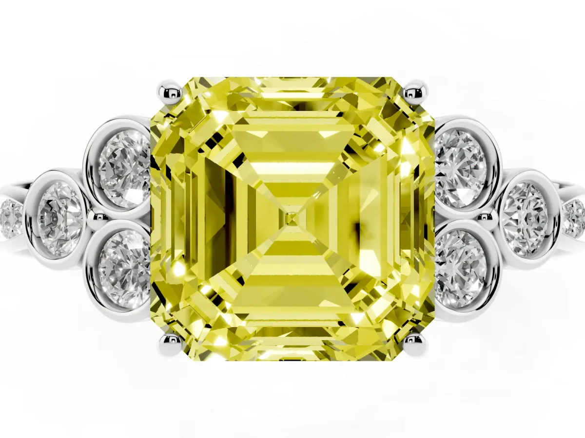 Fancy Yellow Asscher Cut Cut Diamond Engagement Ring with Bezel Set Round Side Stones and Prong Setting Platinum