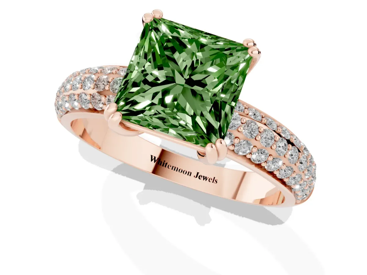Fancy Green Princess Cut Diamond Solitaire Ring with Multi-Row Round Pavé Band and Prong Setting Rose gold
