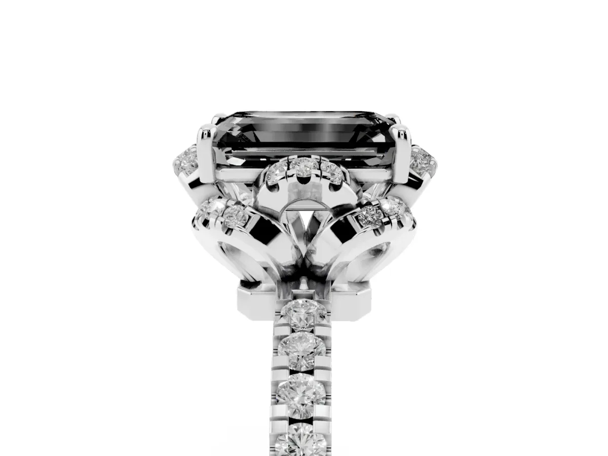 Fancy Black Emerald Cut Diamond Halo Pave Band with Four-Prong Setting Silver