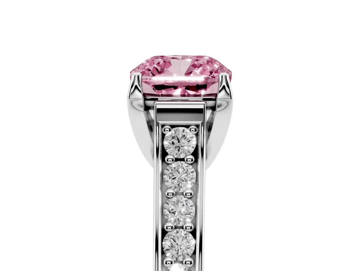 Fancy Pink Cushion Cut Brilliant Cut Diamond Engagement Ring with Pavé Band and Four-Prong Setting Platinum