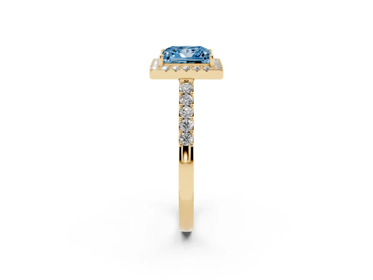 Fancy Blue Princess Cut Halo Diamond Pavé Solitaire Ring Yellow gold