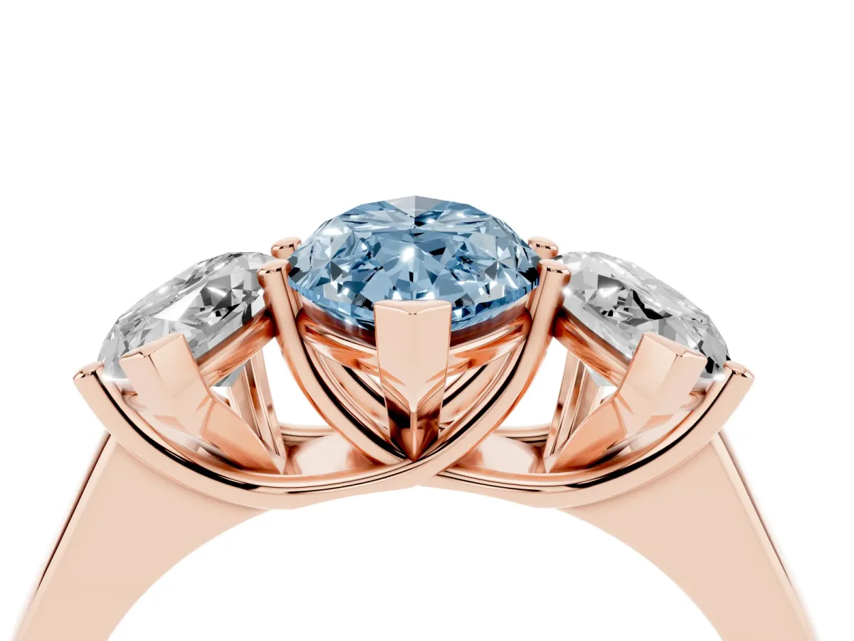 Fancy Blue Marquise Cut Three-Stone Diamond Ring with Prong Setting on a Classic Band Rose gold