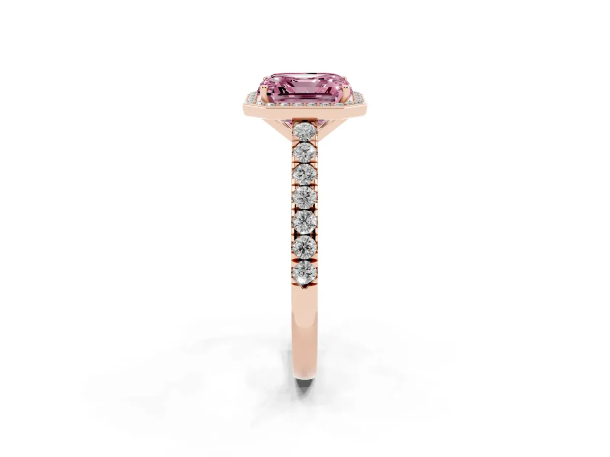 Fancy Pink Asscher Cut Cut Halo Diamond Engagement Ring with Pave Band and Four-Prong Setting Rose gold