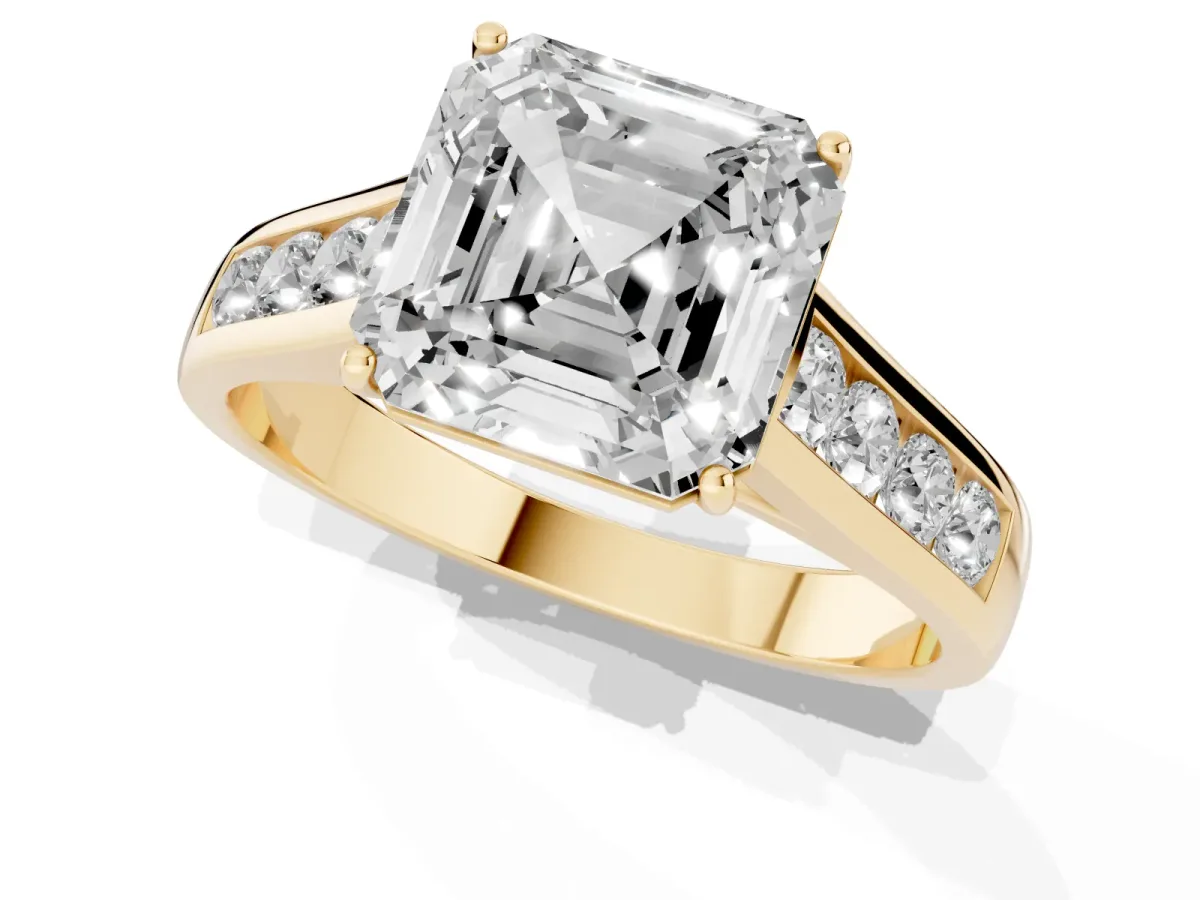 Asscher Cut Brilliant Channel-Set Solitaire Ring with Four-Prong Setting Yellow gold