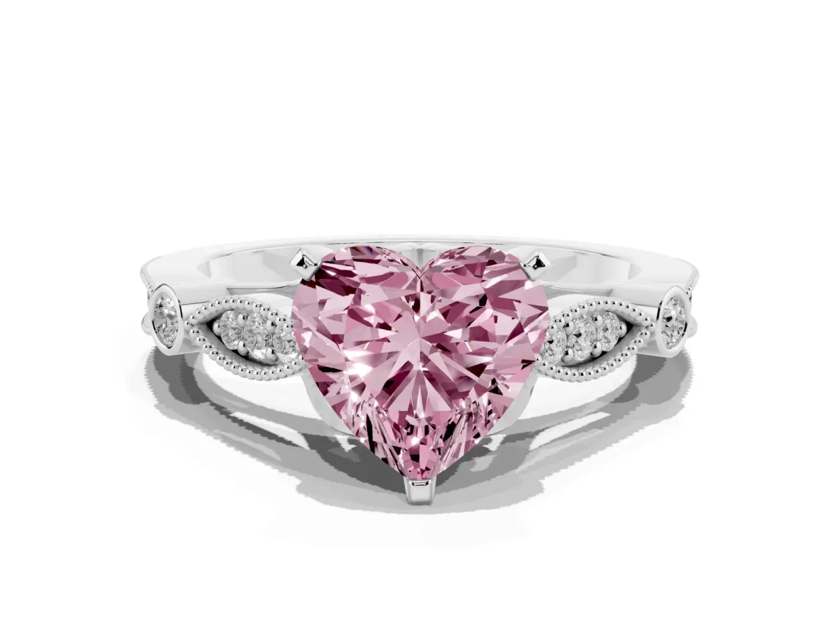 Fancy Pink Heart Cut Cut Diamond with Milgrain Marquise and Bezel Accents on a Solitaire Band with Prong Setting Platinum