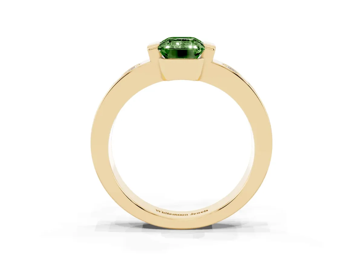 Fancy Green Emerald Cut Brilliant Channel-Set Diamond Ring with Bezel Prong Setting Yellow gold