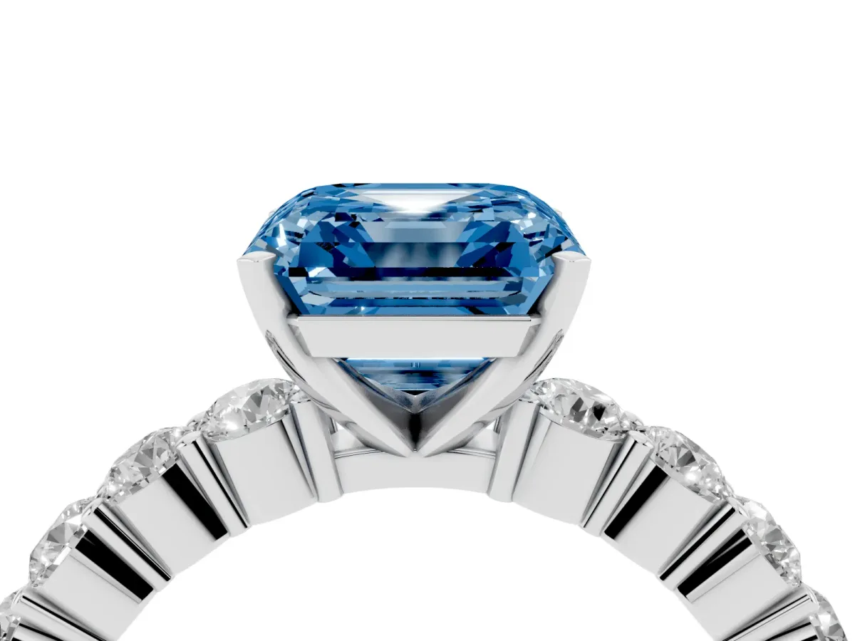 Fancy Blue Asscher Cut Diamond Solitaire Ring with Shared Prong Round Side Stones White gold