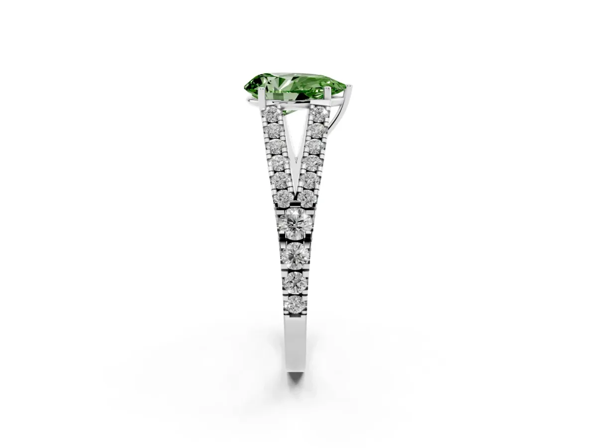 Fancy Green Pear Cut Diamond Split Shank Engagement Ring with Round Pavé and Prong Setting Platinum