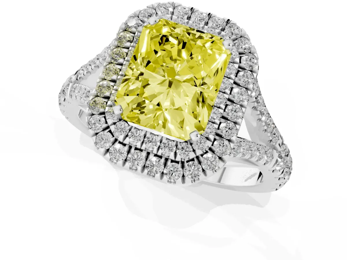 Fancy Yellow Radiant Cut Cut Double Halo Split Shank Diamond Ring with Prong Setting White gold