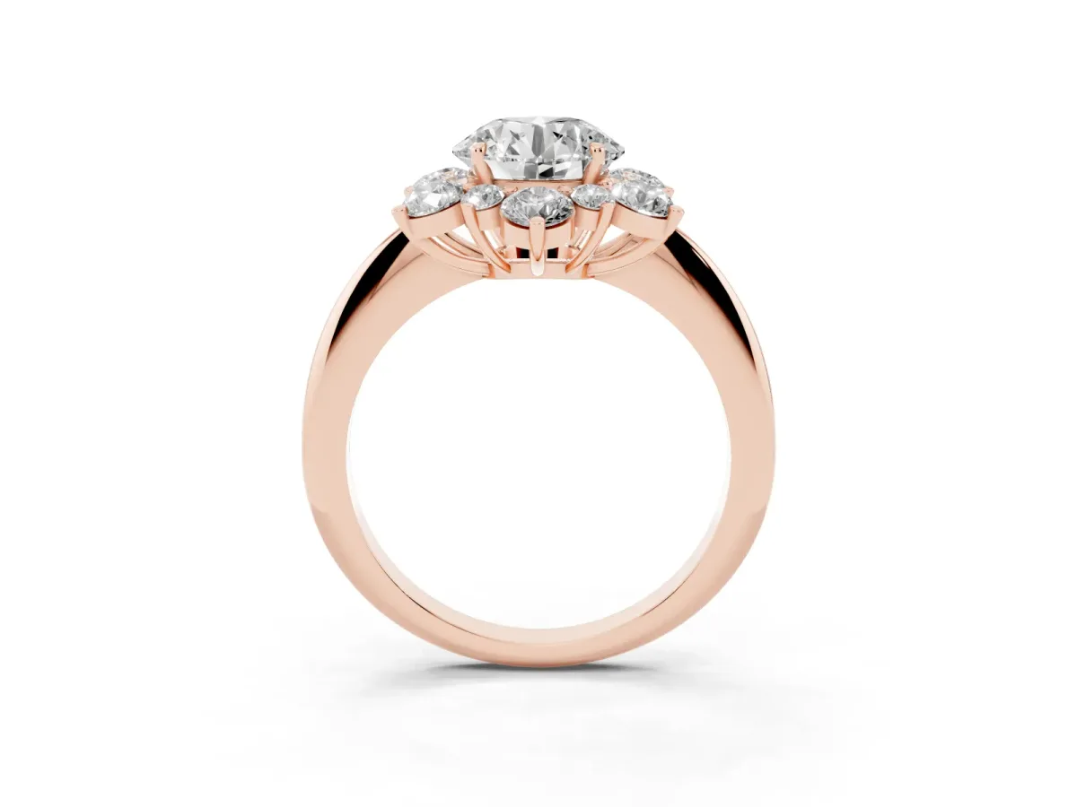 Round Cut Diamond Cluster Halo Ring with Solitaire Band and Four-Prong Setting Rose gold
