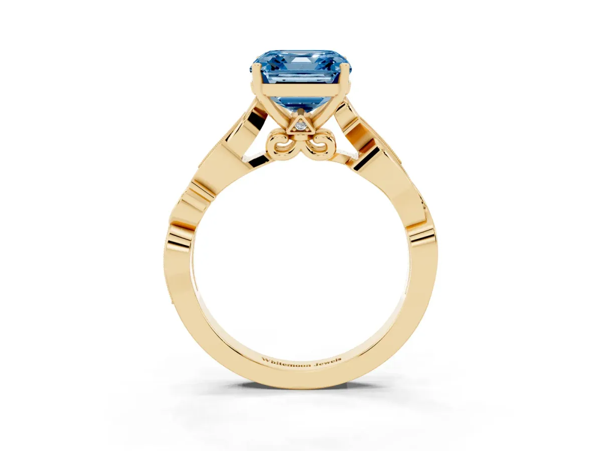 Fancy Blue Asscher Cut Solitaire Vine Band with Milgrain Prong Setting Yellow gold