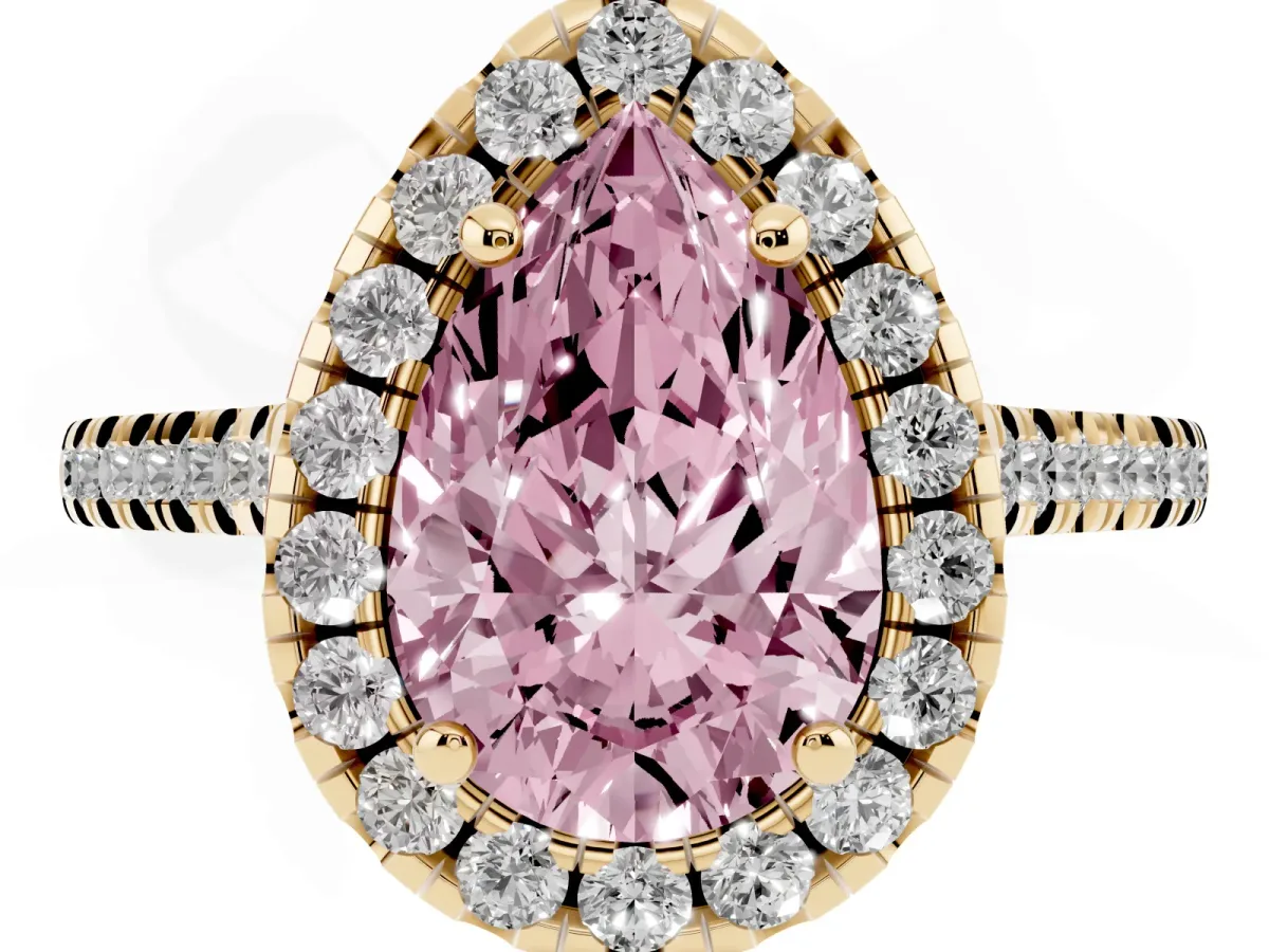 Fancy Pink Pear Cut Diamond Cushion Halo Ring with Pavé Band Yellow gold