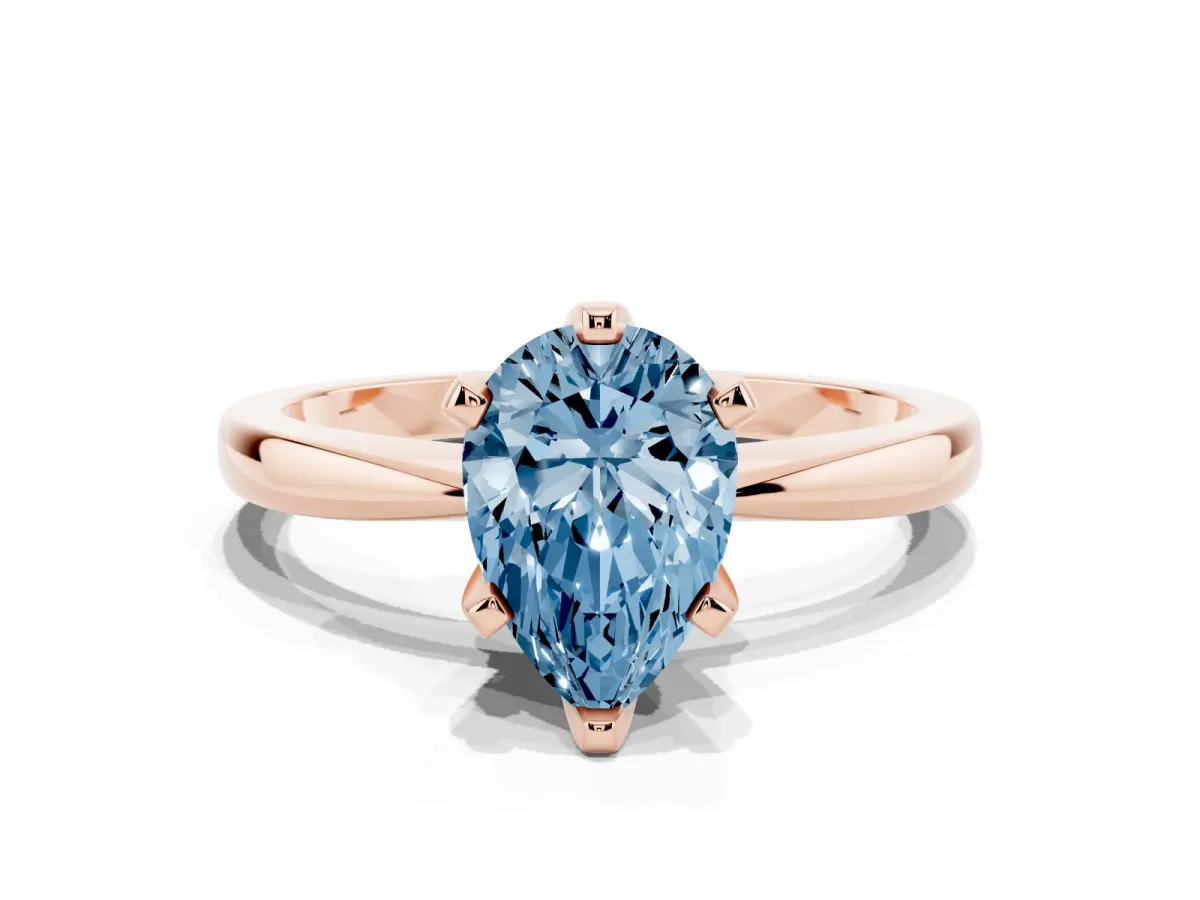 Fancy Blue Pear Cut Solitaire Engagement Ring with Six-Prong Setting and Tapered Band Rose gold