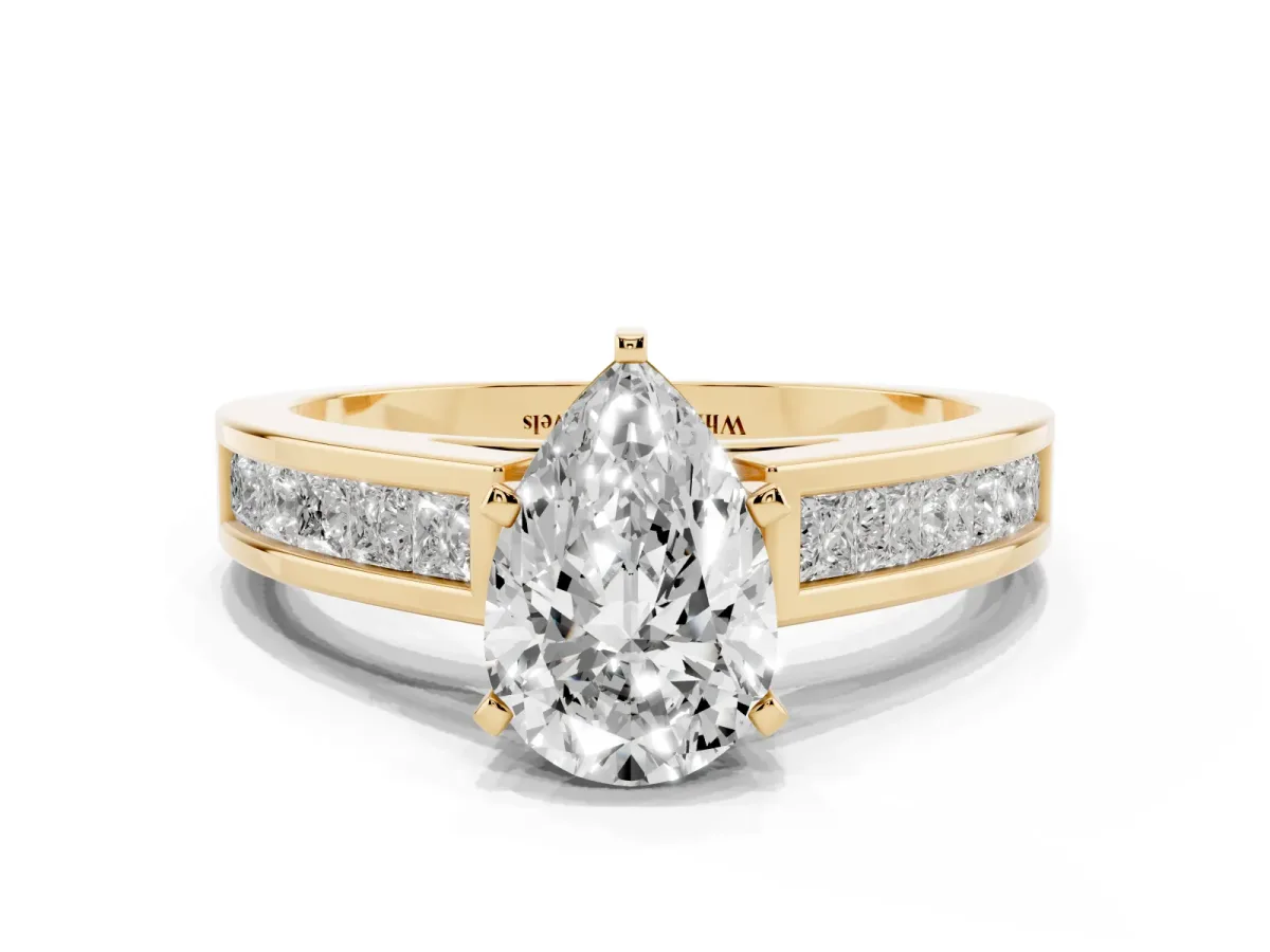 Pear Cut Solitaire Diamond Ring with Channel-Set Band and Four-Prong Setting Yellow gold