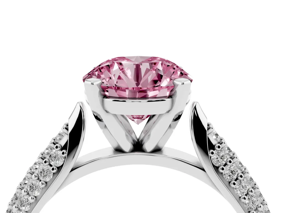 Fancy Pink Round Cut Diamond Solitaire Engagement Ring with Multi-Row Round Pavé Band and Prong Setting White gold