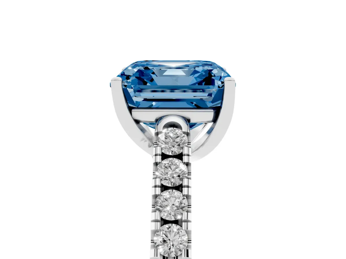 Fancy Blue Asscher Cut Diamond Pavé Band Solitaire Ring with Prong Setting Silver