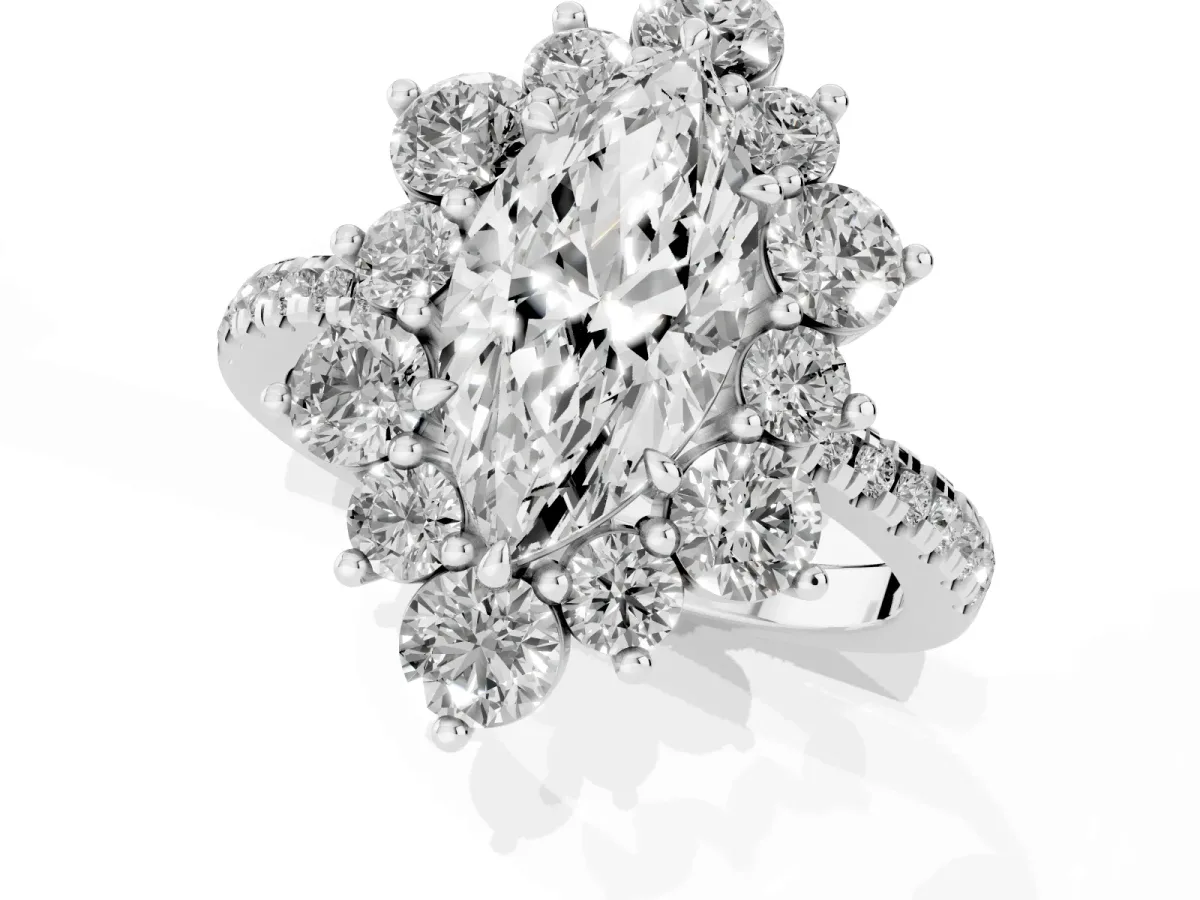Marquise Cut Diamond Floral Halo Ring with Round Pavé Band and Prong Setting Silver