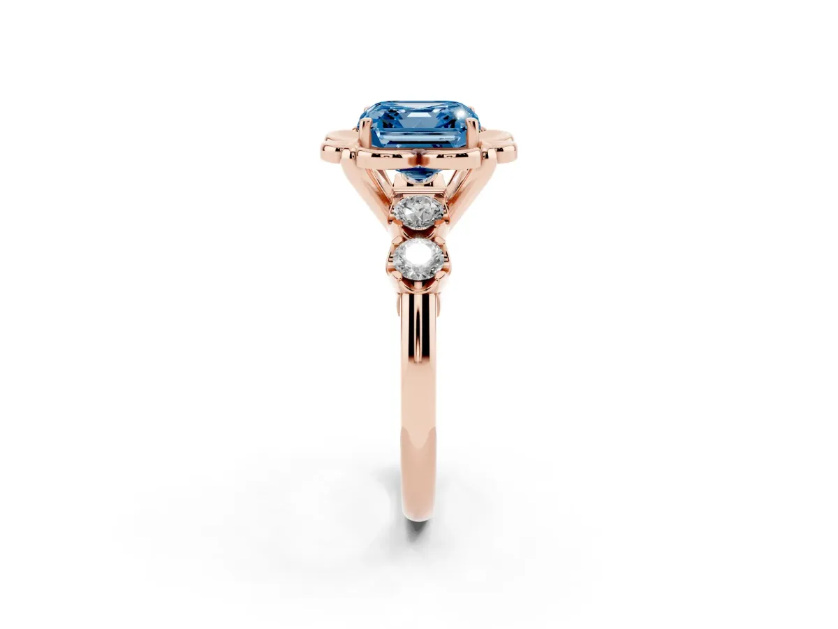 Fancy Blue Asscher Cut Cut Diamond Floral Halo Engagement Ring with Shared Prong Setting Rose gold