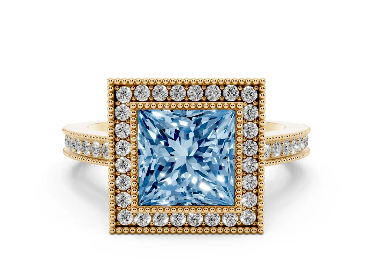 Fancy Blue Princess Cut Cut Halo Diamond Ring with Pavé Band and Milgrain Prong Setting Yellow gold