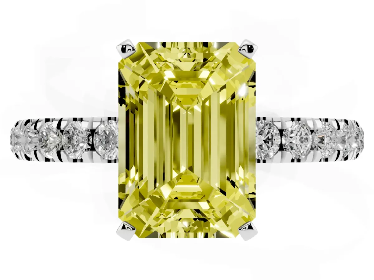 Fancy Yellow Emerald Cut Diamond Solitaire Ring with Pavé Accents and Four-Prong Setting Silver