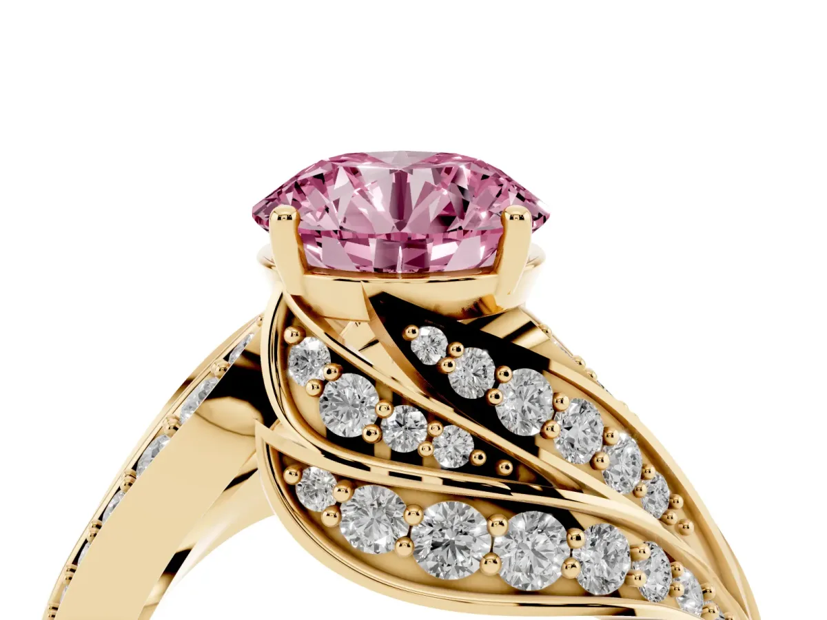 Fancy Pink Round Cut Diamond Solitaire Ring with Prong Setting and Twisted Pavé Band Yellow gold