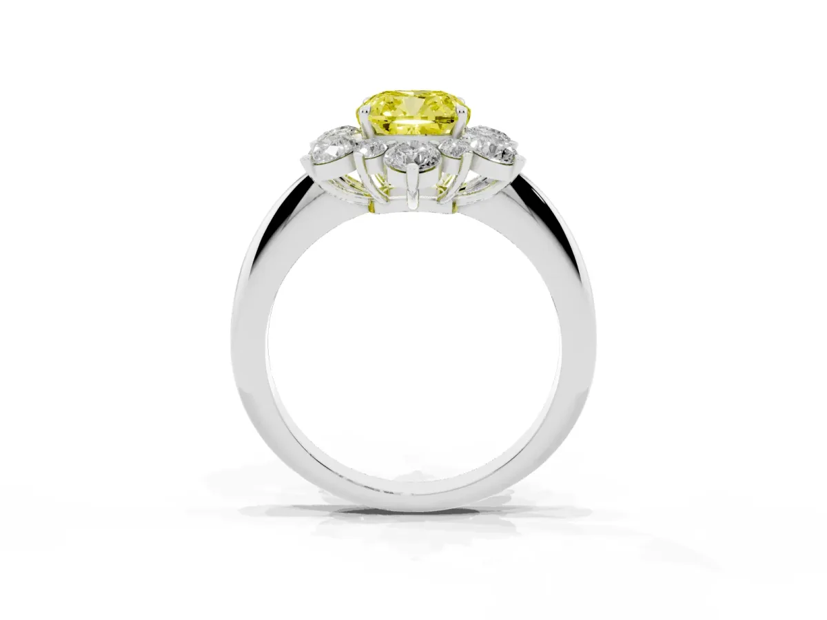 Fancy Yellow Cushion Cut Diamond Cluster Halo Ring with Solitaire Band and Four-Prong Setting Platinum