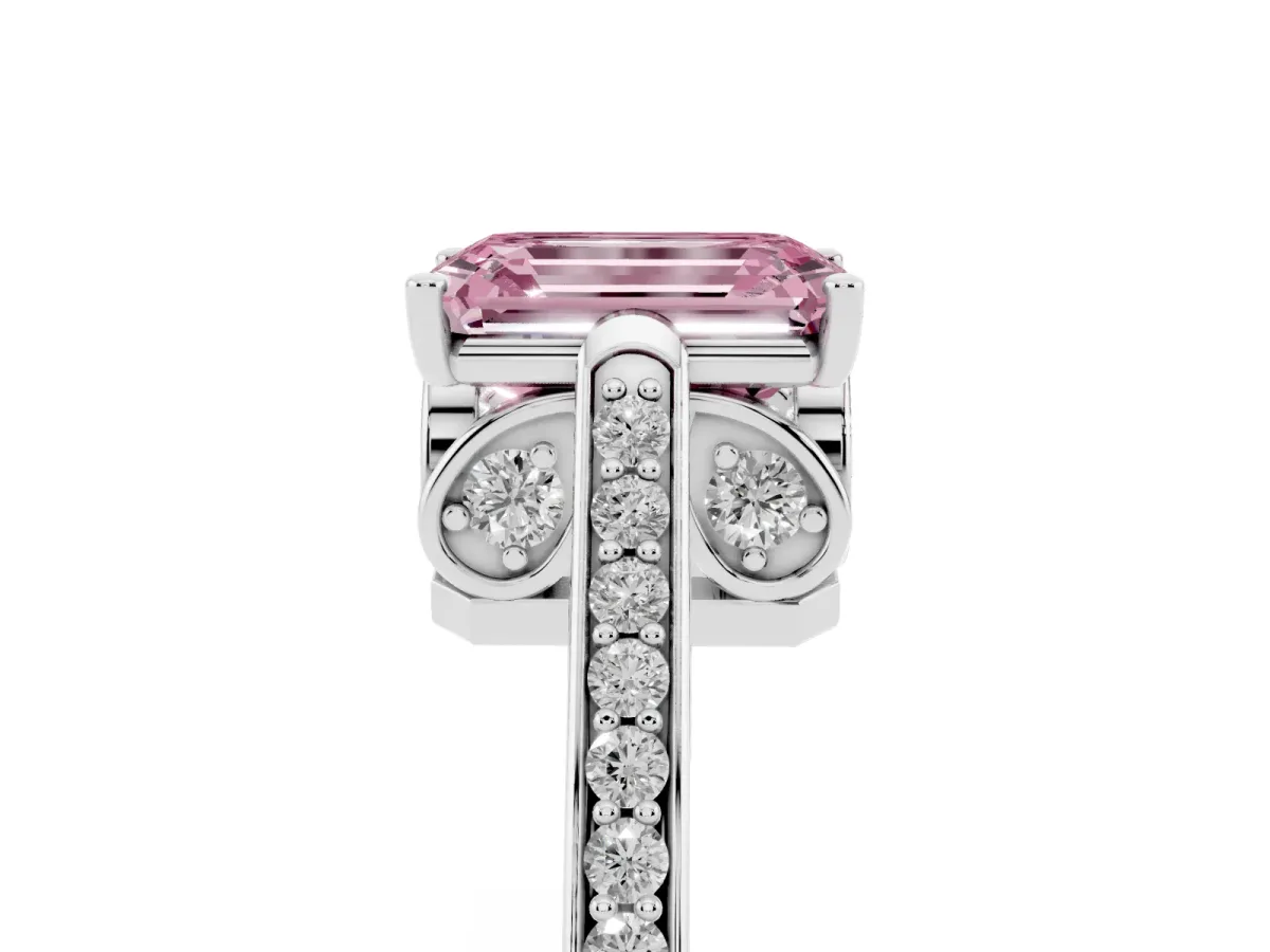 Fancy Pink Emerald Cut Cut Cathedral Pave Diamond Engagement Ring with Six-Prong Setting Silver